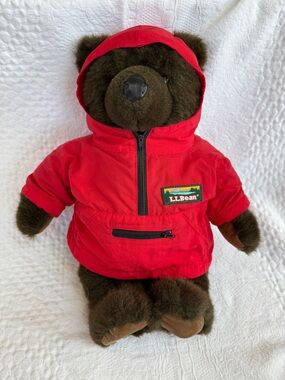 Vintage LL Bean Plush Brown Teddy Bear W/ Red Rain Parka Anorak Jacket
